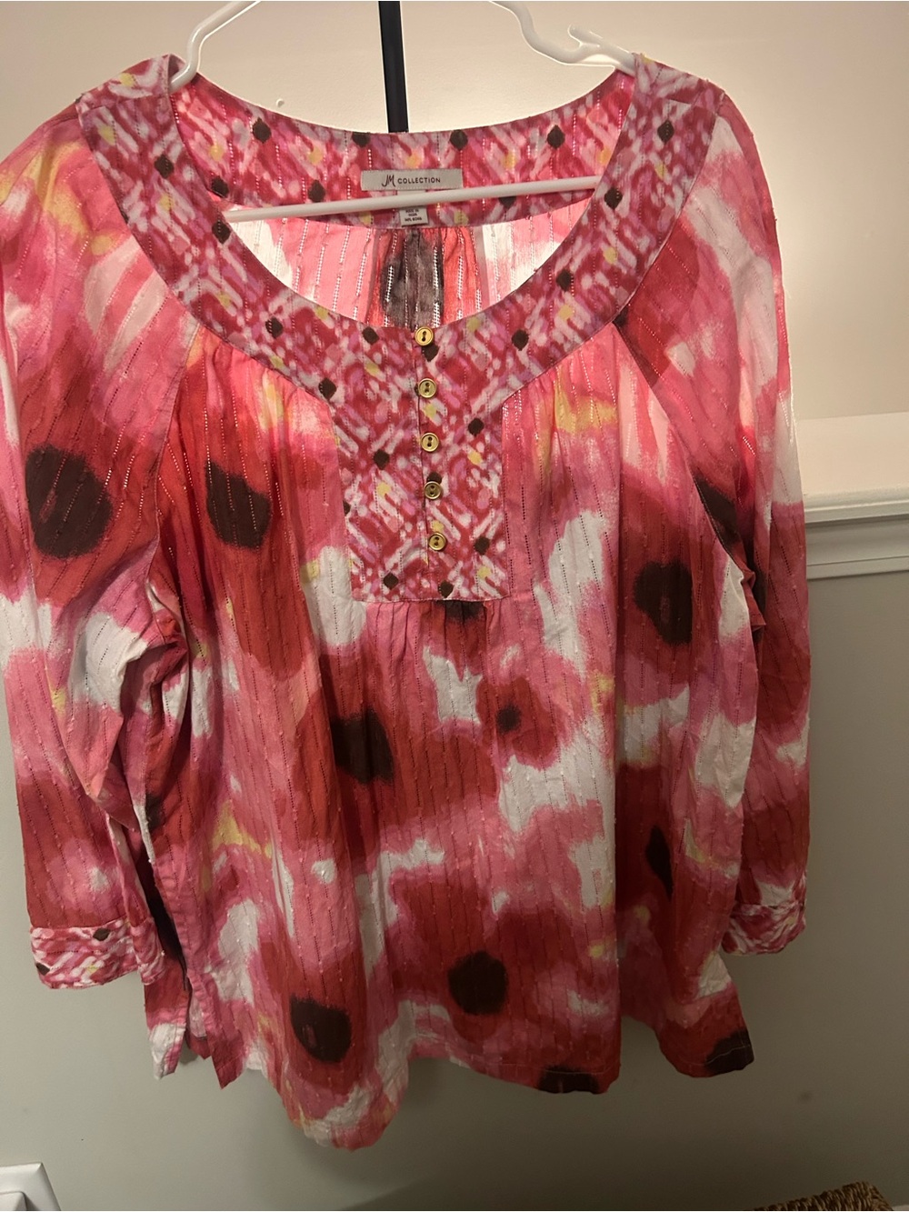JM Collection Pink Floral Henley Tunic with Gold Buttons